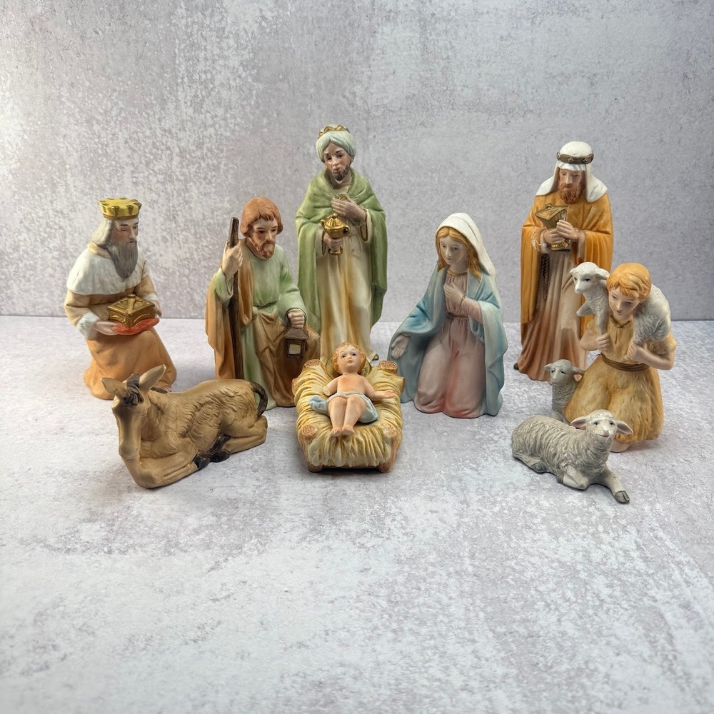 Vintage Homco‎ Nativity Set #5599 Bisque Ceramic 9 Piece Orig Foam Box Complete
